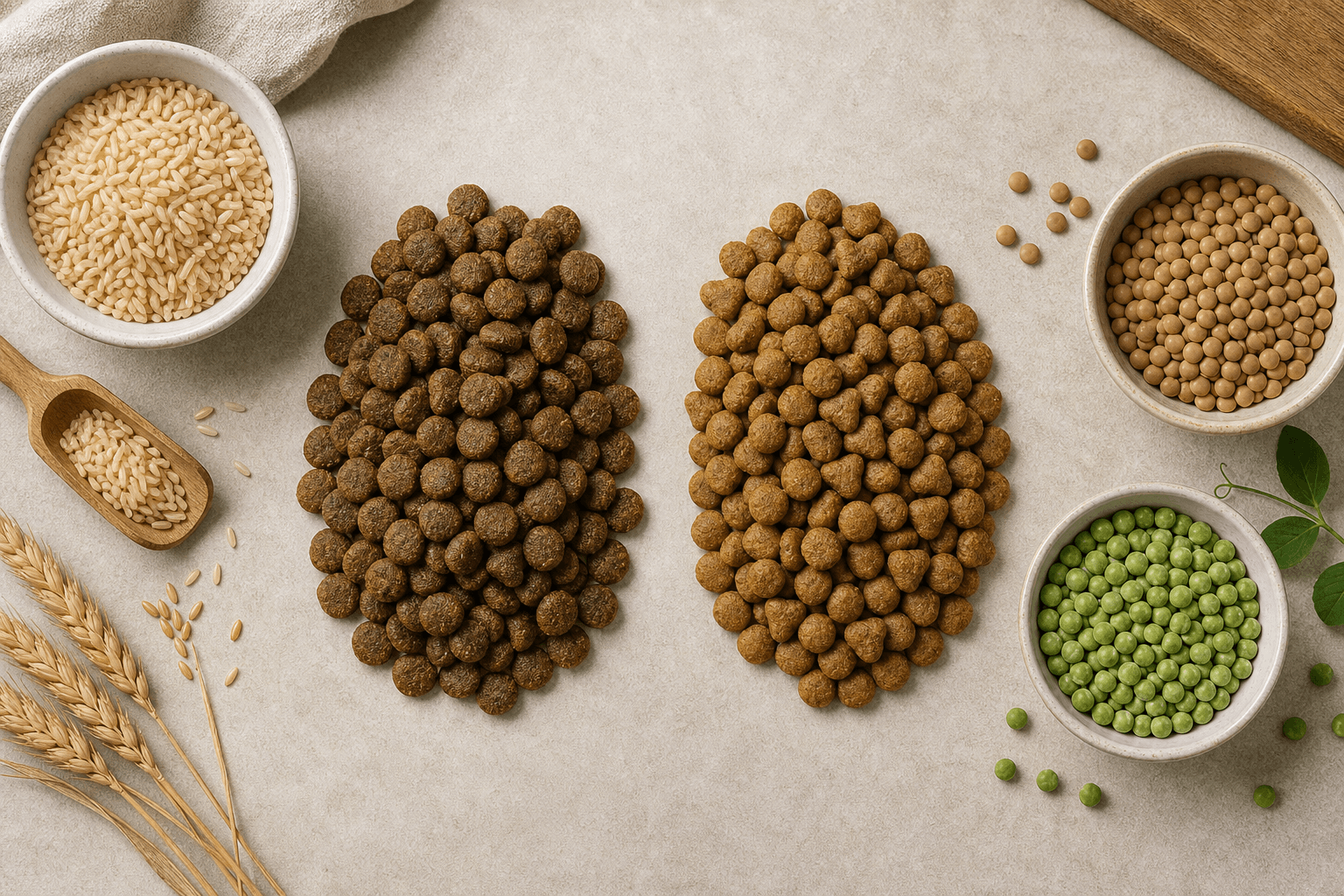 Overhead bowls comparing kibble and whole-food ingredients illustrating grain-inclusive versus legume-heavy formulation trade-offs, not brand logos.