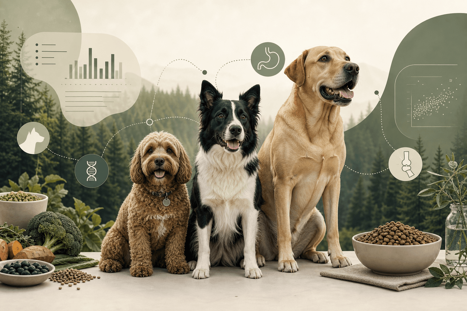 Variety of dog sizes arranged with subtle data-inspired motif suggesting phenotype-conditioned nutrition ranking, not one-size affiliate lists.