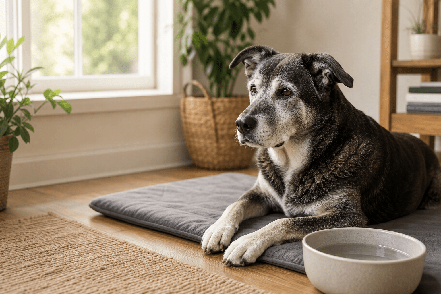 Gray-muzzled dog resting calmly near bowls in a sunny home illustrating senior-calorie pacing, hydration, digestion, and palatability.